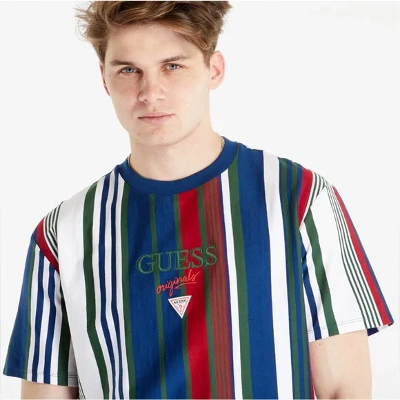 Men’s S & M Guess Originals Pat Vertical Striped Tee- Relaxed Fit - Unisex - Picture 7 of 14